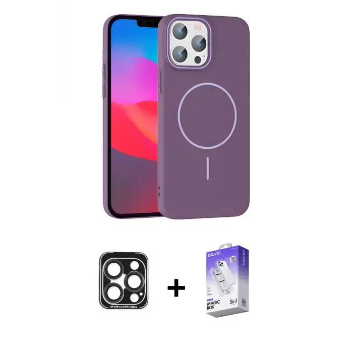 ieg™ iPhone 15 Pro Max Kılıf Siluet Doku Özel Seri - Siyah Bilvis 5in1 3D Magic Cam Ekran Koruyucu + PVD Metal Kamera Lens - LT