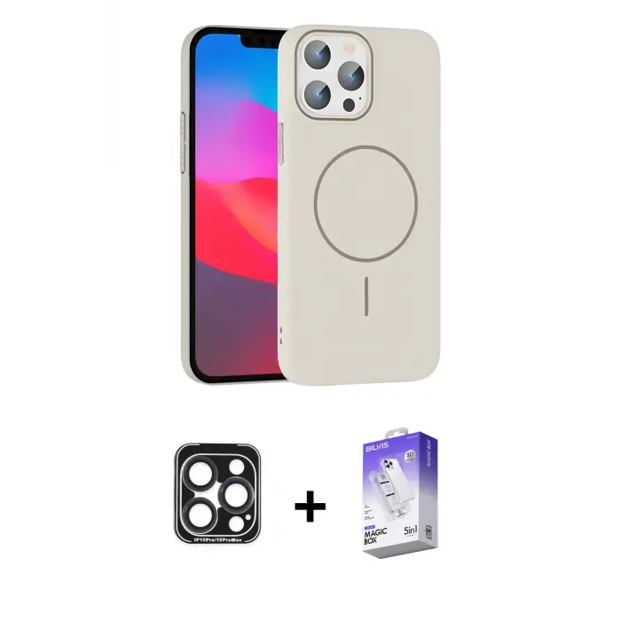 ieg™ iPhone 15 Pro Max Kılıf Siluet Doku Özel Seri - Siyah Bilvis 5in1 3D Magic Cam Ekran Koruyucu + PVD Metal Kamera Lens - LT