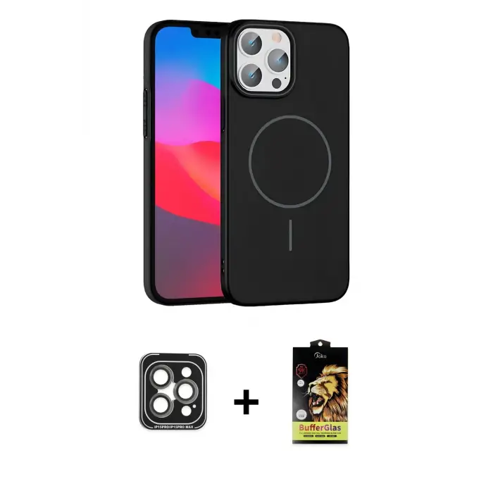 ieg™ iPhone 15 Pro Max Kılıf Siluet Doku Özel Seri - Siyah Buffer Cam Ekran Koruyucu + PVD Metal Kamera Lens - GI