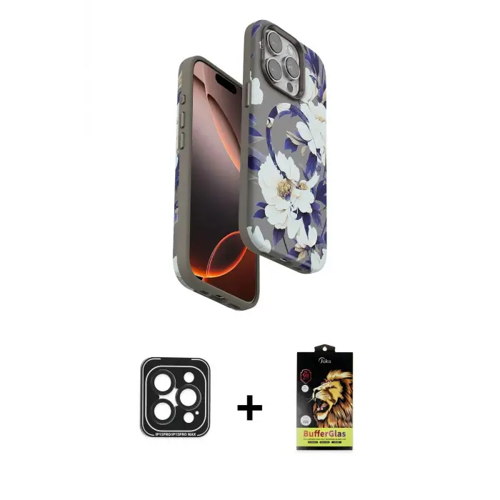 ieg™ iPhone 15 Pro Max Kılıf Siluet Doku - Siyah Buffer Cam Ekran Koruyucu + PVD Metal Kamera Lens - SH