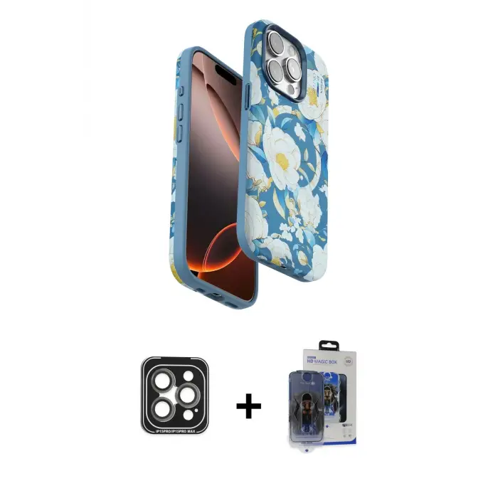 ieg™ iPhone 15 Pro Max Kılıf Siluet Doku - Siyah Vanessa Magic Cam + PVD Metal Kamera Lens - GI