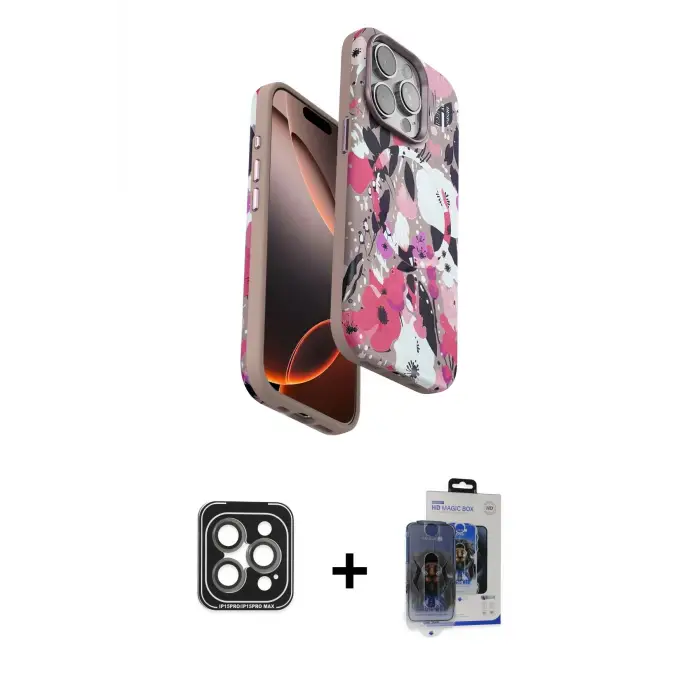 ieg™ iPhone 15 Pro Max Kılıf Siluet Doku - Siyah Vanessa Magic Cam + PVD Metal Kamera Lens - GI
