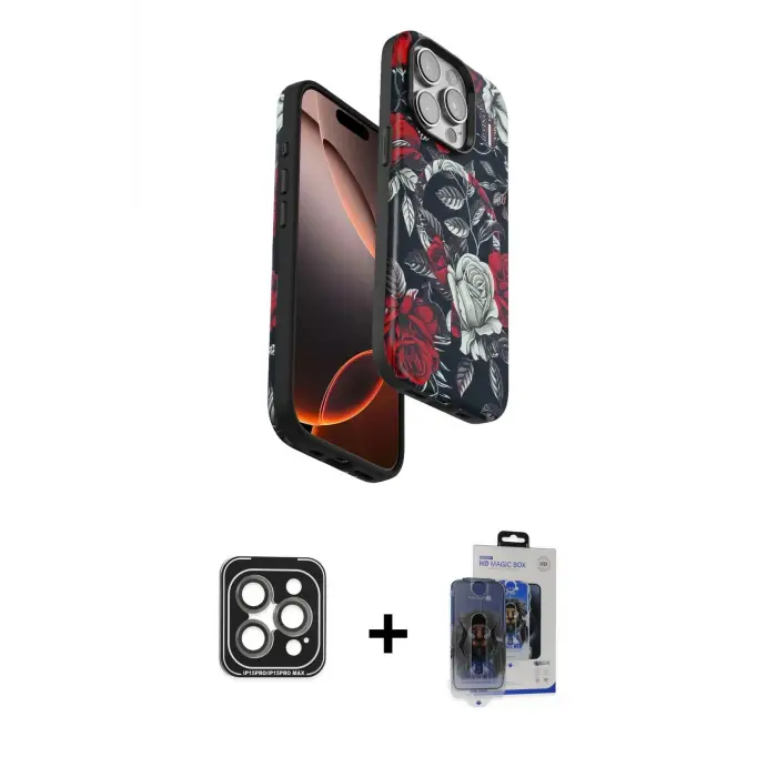 ieg™ iPhone 15 Pro Max Kılıf Siluet Doku - Siyah Vanessa Magic Cam + PVD Metal Kamera Lens - GI