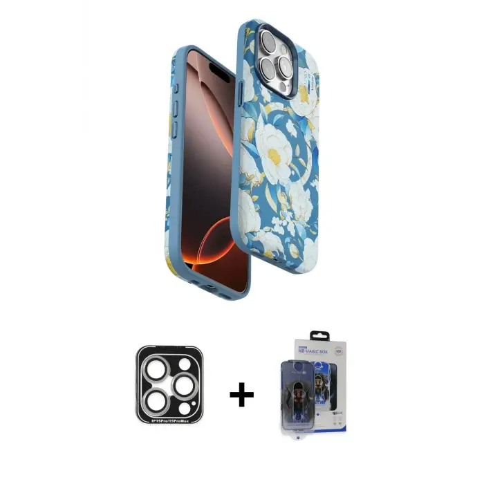ieg™ iPhone 15 Pro Max Kılıf Siluet Doku - Siyah Vanessa Magic Cam + PVD Metal Kamera Lens - GS