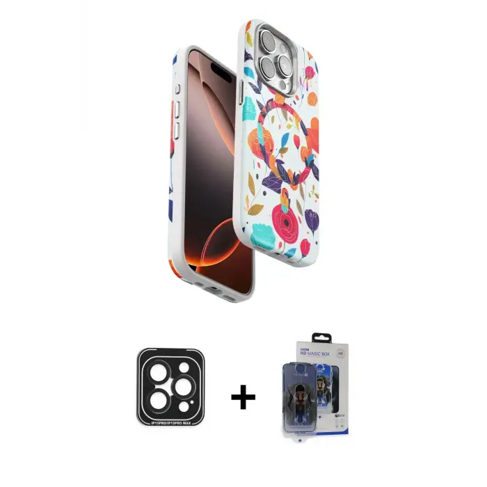 ieg™ iPhone 15 Pro Max Kılıf Siluet Doku - Siyah Vanessa Magic Cam + PVD Metal Kamera Lens - SH