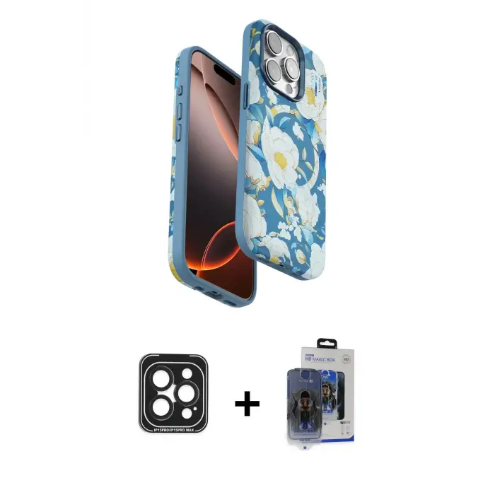 ieg™ iPhone 15 Pro Max Kılıf Siluet Doku - Siyah Vanessa Magic Cam + PVD Metal Kamera Lens - SH