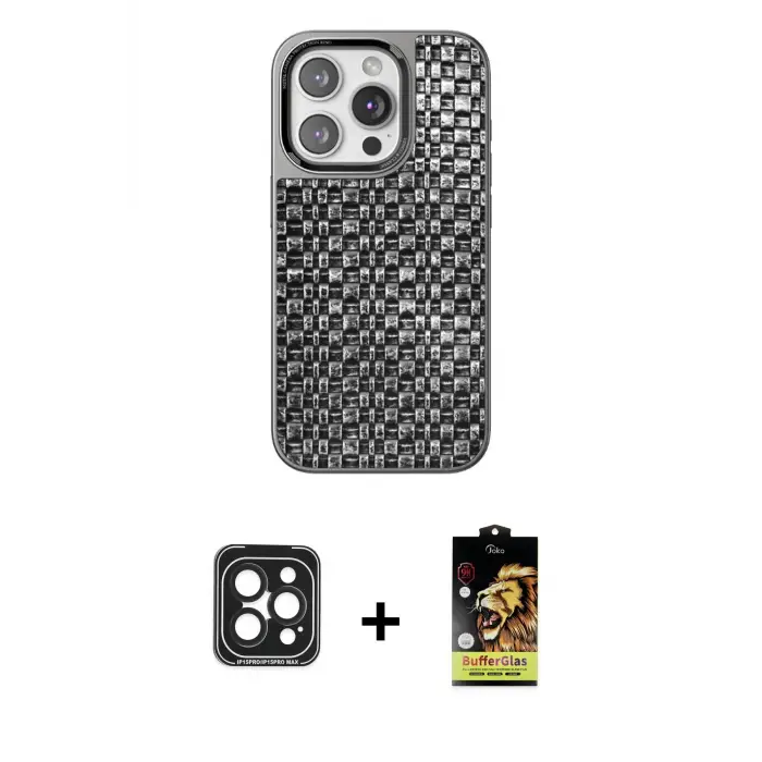 ieg™ iPhone 15 Pro Max Kılıf Siluet Form Serisi - Siyah Buffer Cam Ekran Koruyucu + PVD Metal Kamera Lens - SH