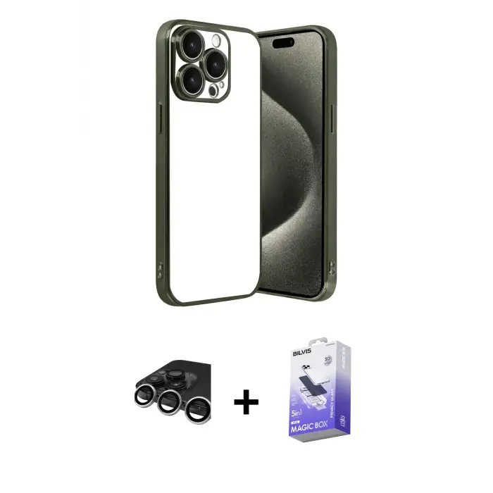 ieg™ iPhone 15 Pro Max Kılıf Vadi Minimal - Siyah Bilvis 5in1 5D Magic Hayalet Cam Ekran Koruyucu + Raze Metal Kamera Lens - GS