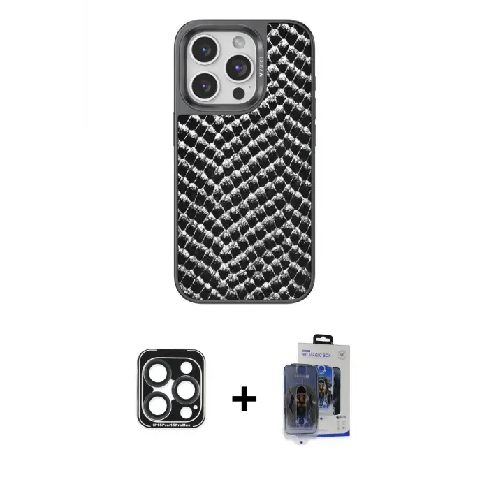 ieg™ iPhone 15 Pro Max Kılıf Vadi Özel Seri - Siyah Vanessa Magic Cam + PVD Metal Kamera Lens - LT