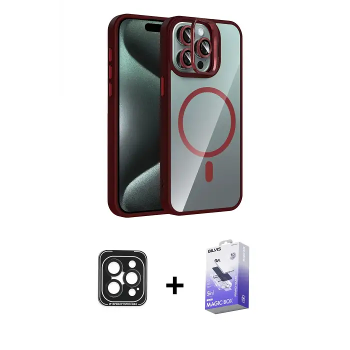 ieg™ iPhone 15 Pro Max Kılıf Yadigar Asil Koleksiyonu - Siyah Bilvis 5in1 5D Magic Hayalet Cam Ekran Koruyucu + PVD Metal Kamera Lens - SH