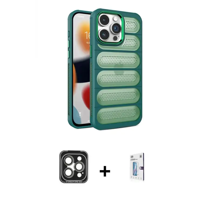 ieg™ iPhone 15 Pro Max Kılıf Yadigar Doku Özel Seri - Siyah Bilvis 0.18mm Plus Cam Ekran Koruyucu + PVD Metal Kamera Lens - GI