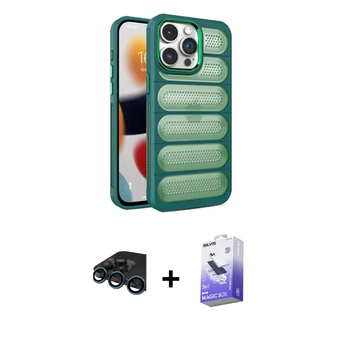 ieg™ iPhone 15 Pro Max Kılıf Yadigar Doku Özel Seri - Siyah Bilvis 5in1 5D Magic Hayalet Cam Ekran Koruyucu + Raze Metal Kamera Lens - LT