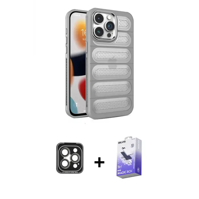 ieg™ iPhone 15 Pro Max Kılıf Yadigar Doku Özel Seri - Siyah Bilvis 5in1 5D Magic Hayalet Cam Ekran Koruyucu + PVD Metal Kamera Lens - GI
