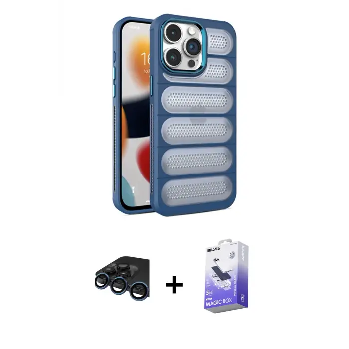 ieg™ iPhone 15 Pro Max Kılıf Yadigar Doku Özel Seri - Siyah Bilvis 5in1 5D Magic Hayalet Cam Ekran Koruyucu + Raze Metal Kamera Lens - LT