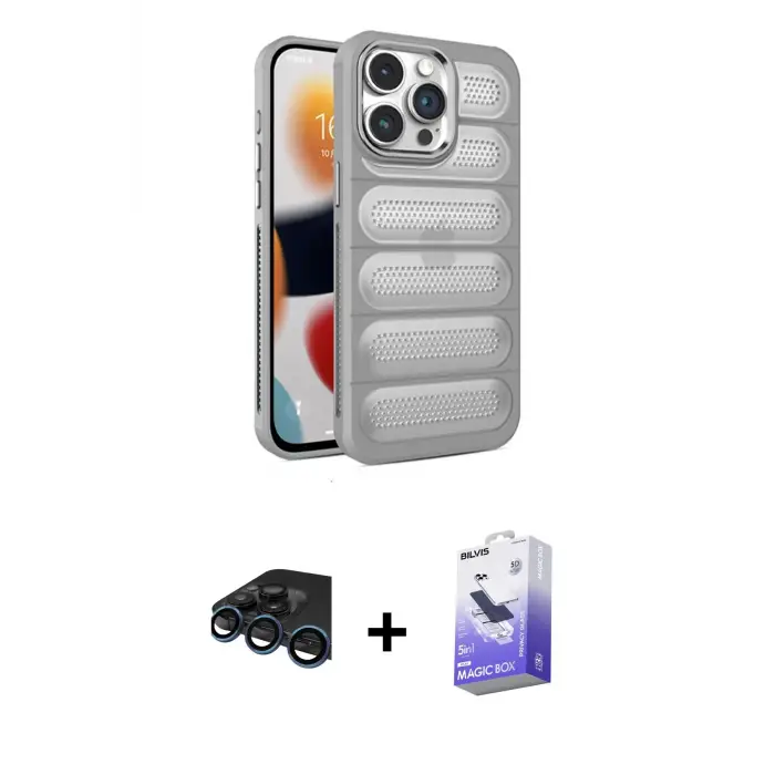 ieg™ iPhone 15 Pro Max Kılıf Yadigar Doku Özel Seri - Siyah Bilvis 5in1 5D Magic Hayalet Cam Ekran Koruyucu + Raze Metal Kamera Lens - LT