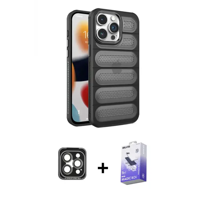 ieg™ iPhone 15 Pro Max Kılıf Yadigar Doku Özel Seri - Siyah Bilvis 5in1 5D Magic Hayalet Cam Ekran Koruyucu + PVD Metal Kamera Lens - GI