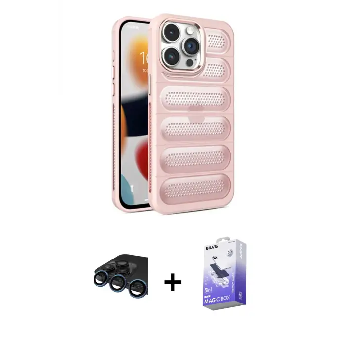 ieg™ iPhone 15 Pro Max Kılıf Yadigar Doku Özel Seri - Siyah Bilvis 5in1 5D Magic Hayalet Cam Ekran Koruyucu + Raze Metal Kamera Lens - LT