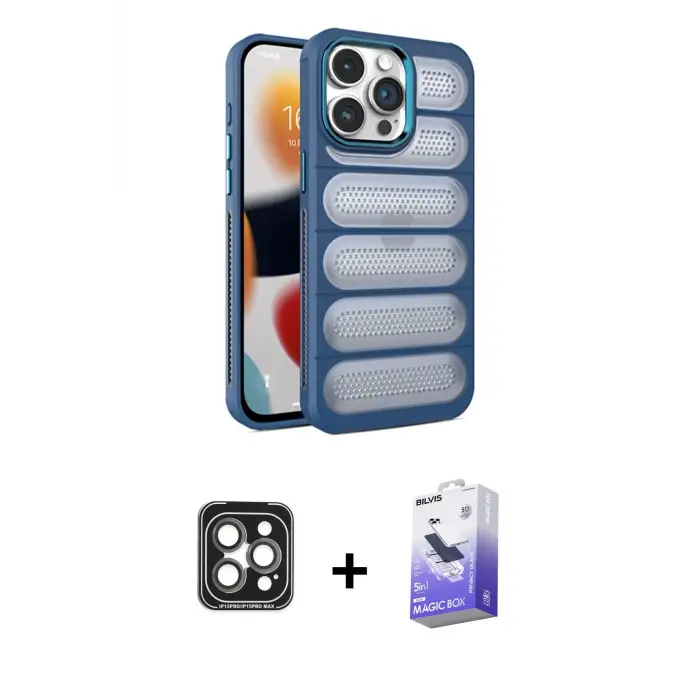 ieg™ iPhone 15 Pro Max Kılıf Yadigar Doku Özel Seri - Siyah Bilvis 5in1 5D Magic Hayalet Cam Ekran Koruyucu + PVD Metal Kamera Lens - GI
