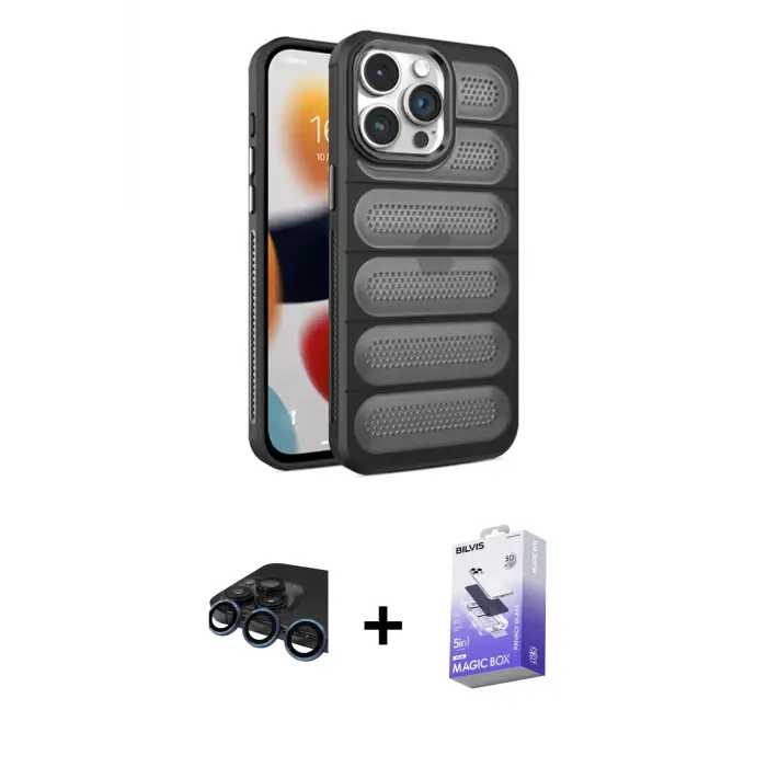 ieg™ iPhone 15 Pro Max Kılıf Yadigar Doku Özel Seri - Siyah Bilvis 5in1 5D Magic Hayalet Cam Ekran Koruyucu + Raze Metal Kamera Lens - LT
