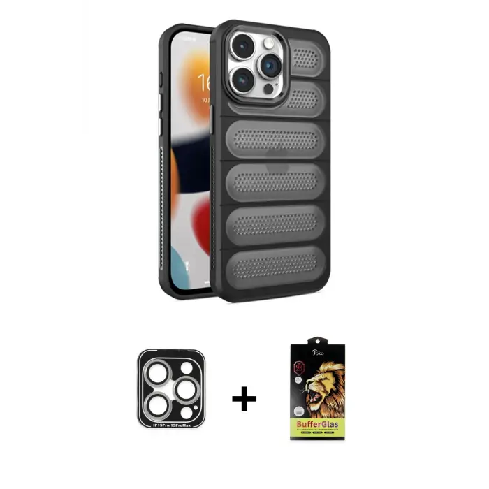 ieg™ iPhone 15 Pro Max Kılıf Yadigar Doku Özel Seri - Siyah Buffer Cam Ekran Koruyucu + PVD Metal Kamera Lens - GS