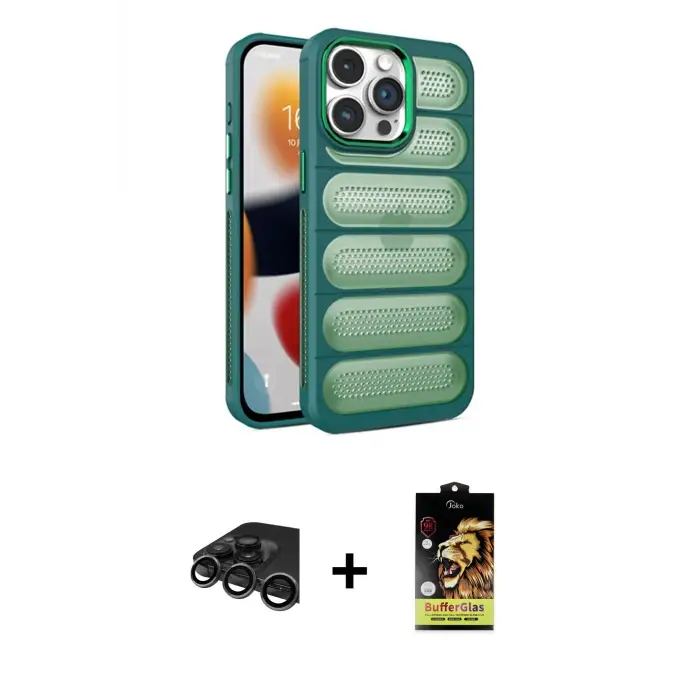 ieg™ iPhone 15 Pro Max Kılıf Yadigar Doku Özel Seri - Siyah Buffer Cam Ekran Koruyucu + Raze Metal Kamera Lens - TMGI