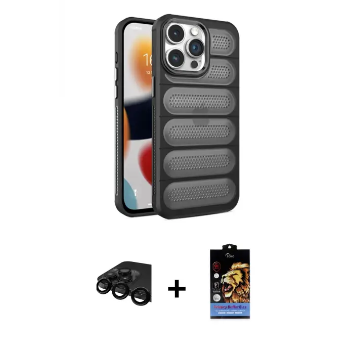ieg™ iPhone 15 Pro Max Kılıf Yadigar Doku Özel Seri - Siyah Buffer Hayalet Cam Ekran Koruyucu + Raze Metal Kamera Lens - SH