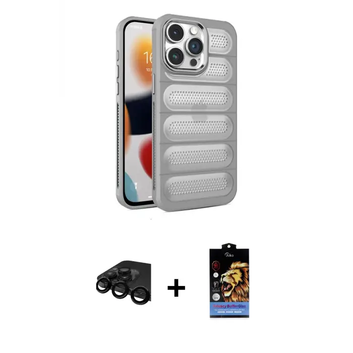 ieg™ iPhone 15 Pro Max Kılıf Yadigar Doku Özel Seri - Siyah Buffer Hayalet Cam Ekran Koruyucu + Raze Metal Kamera Lens - SH