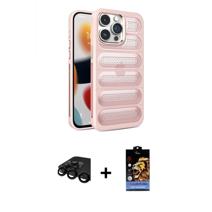 ieg™ iPhone 15 Pro Max Kılıf Yadigar Doku Özel Seri - Siyah Buffer Hayalet Cam Ekran Koruyucu + Raze Metal Kamera Lens - SH