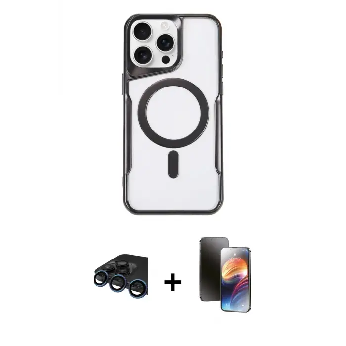 ieg™ iPhone 15 Pro Max Kılıf Yadigar Klasik Özel Seri - Siyah 3D Antistatik Mat Seramik Nano Ekran Koruyucu + Raze Metal Kamera Lens - LT