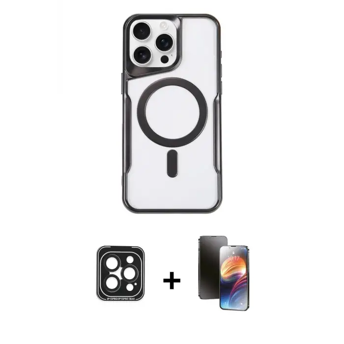 ieg™ iPhone 15 Pro Max Kılıf Yadigar Klasik Özel Seri - Siyah 3D Antistatik Mat Seramik Nano Ekran Koruyucu + PVD Metal Kamera Lens - SH