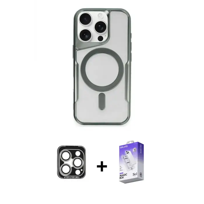 ieg™ iPhone 15 Pro Max Kılıf Yadigar Klasik Özel Seri - Siyah Bilvis 5in1 3D Magic Cam Ekran Koruyucu + PVD Metal Kamera Lens - GS