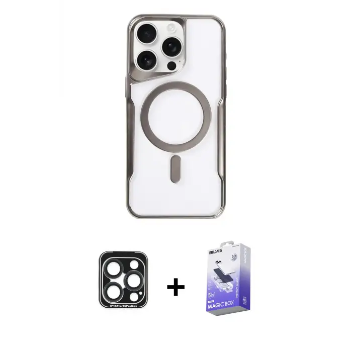 ieg™ iPhone 15 Pro Max Kılıf Yadigar Klasik Özel Seri - Siyah Bilvis 5in1 5D Magic Hayalet Cam Ekran Koruyucu + PVD Metal Kamera Lens - LT