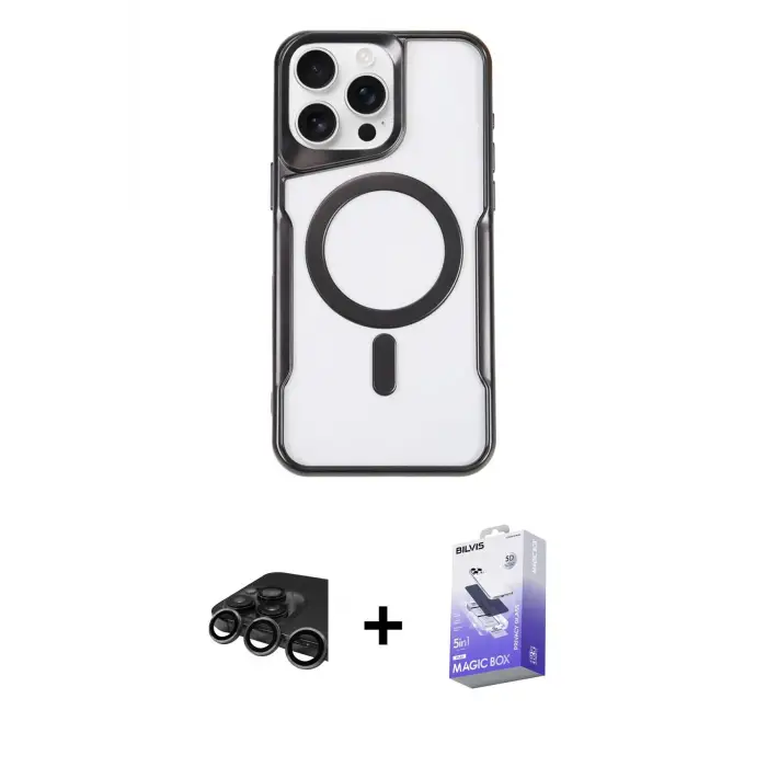 ieg™ iPhone 15 Pro Max Kılıf Yadigar Klasik Özel Seri - Siyah Bilvis 5in1 5D Magic Hayalet Cam Ekran Koruyucu + Raze Metal Kamera Lens - TMGI