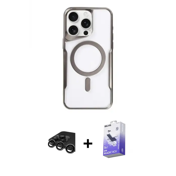 ieg™ iPhone 15 Pro Max Kılıf Yadigar Klasik Özel Seri - Siyah Bilvis 5in1 5D Magic Hayalet Cam Ekran Koruyucu + Raze Metal Kamera Lens - TMGI
