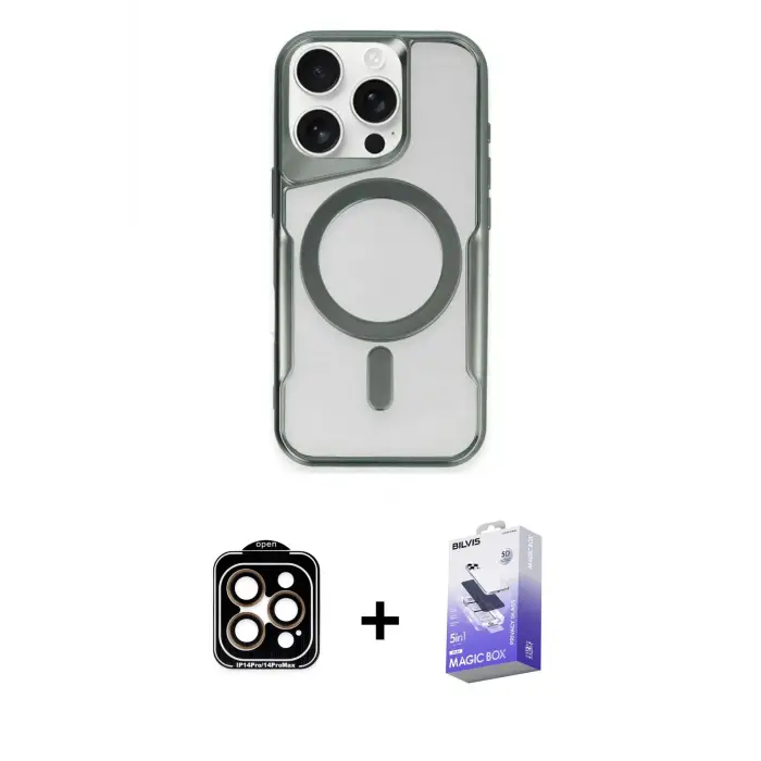 ieg™ iPhone 15 Pro Max Kılıf Yadigar Klasik Özel Seri - Siyah Bilvis 5in1 5D Magic Hayalet Cam Ekran Koruyucu + PVD Metal Kamera Lens - TU