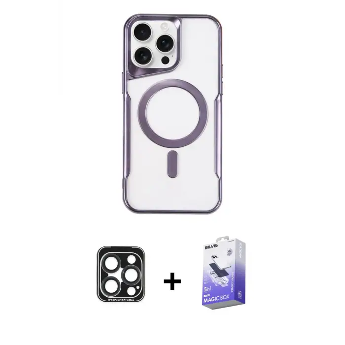 ieg™ iPhone 15 Pro Max Kılıf Yadigar Klasik Özel Seri - Siyah Bilvis 5in1 5D Magic Hayalet Cam Ekran Koruyucu + PVD Metal Kamera Lens - LT