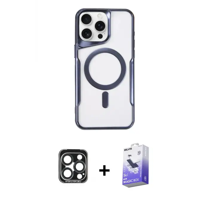 ieg™ iPhone 15 Pro Max Kılıf Yadigar Klasik Özel Seri - Siyah Bilvis 5in1 5D Magic Hayalet Cam Ekran Koruyucu + PVD Metal Kamera Lens - LT