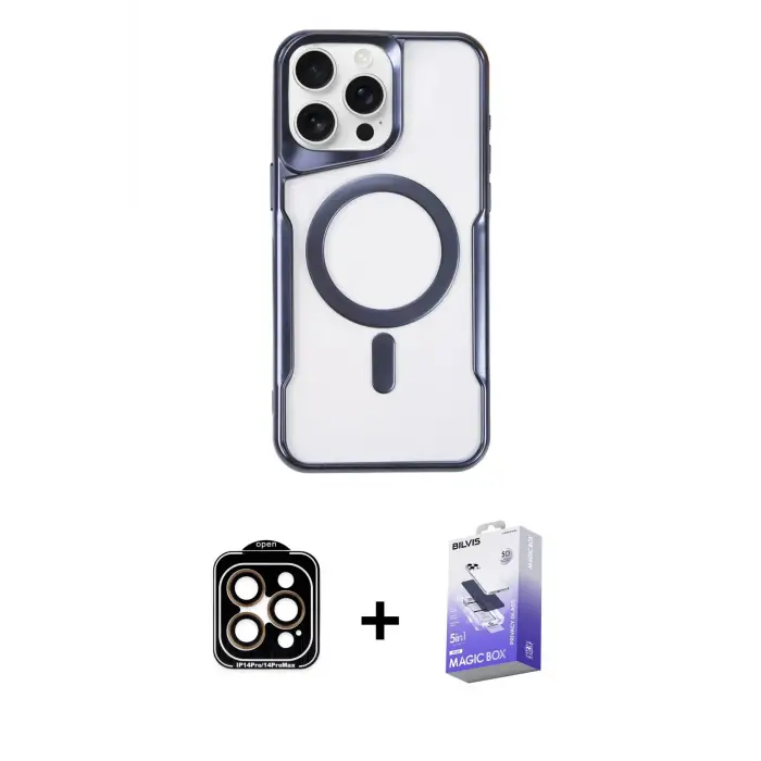 ieg™ iPhone 15 Pro Max Kılıf Yadigar Klasik Özel Seri - Siyah Bilvis 5in1 5D Magic Hayalet Cam Ekran Koruyucu + PVD Metal Kamera Lens - TU