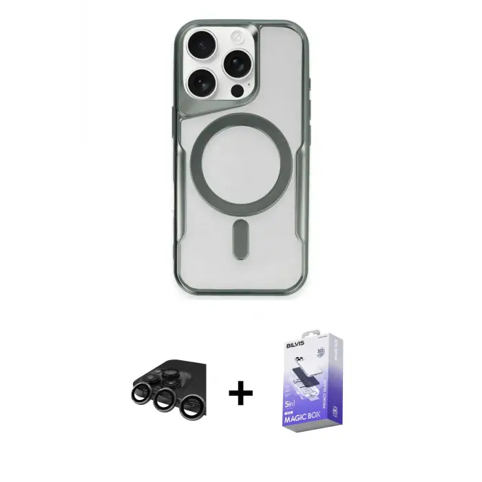 ieg™ iPhone 15 Pro Max Kılıf Yadigar Klasik Özel Seri - Siyah Bilvis 5in1 5D Magic Hayalet Cam Ekran Koruyucu + Raze Metal Kamera Lens - TMGI