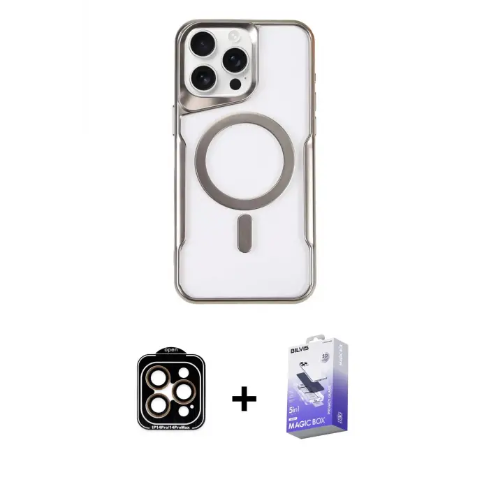 ieg™ iPhone 15 Pro Max Kılıf Yadigar Klasik Özel Seri - Siyah Bilvis 5in1 5D Magic Hayalet Cam Ekran Koruyucu + PVD Metal Kamera Lens - TU