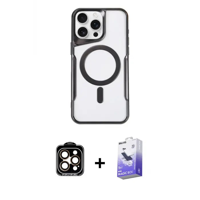 ieg™ iPhone 15 Pro Max Kılıf Yadigar Klasik Özel Seri - Siyah Bilvis 5in1 5D Magic Hayalet Cam Ekran Koruyucu + PVD Metal Kamera Lens - TU