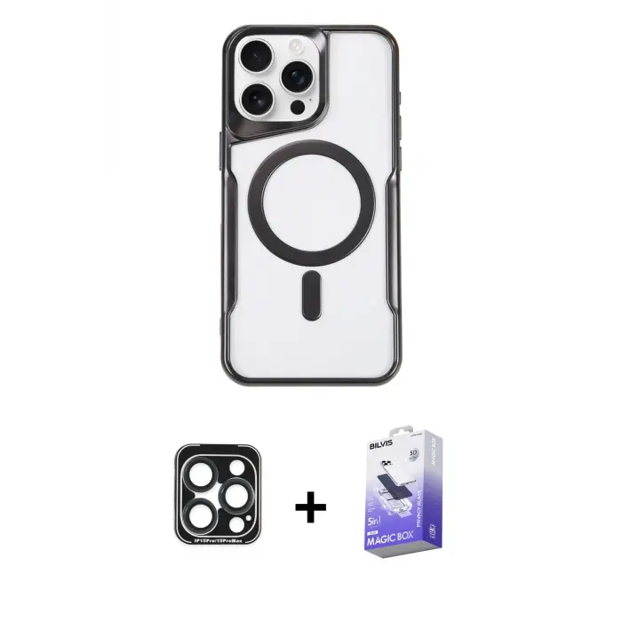 ieg™ iPhone 15 Pro Max Kılıf Yadigar Klasik Özel Seri - Siyah Bilvis 5in1 5D Magic Hayalet Cam Ekran Koruyucu + PVD Metal Kamera Lens - LT