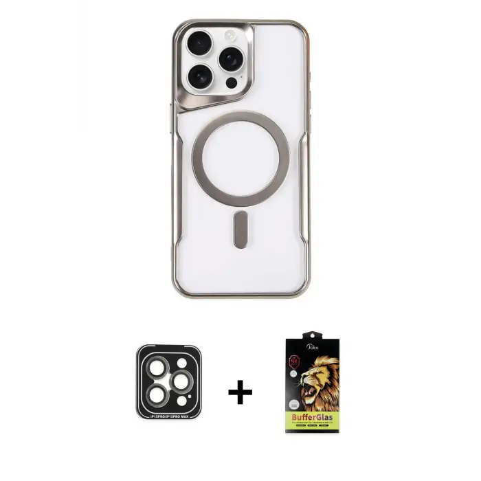 ieg™ iPhone 15 Pro Max Kılıf Yadigar Klasik Özel Seri - Siyah Buffer Cam Ekran Koruyucu + PVD Metal Kamera Lens - GI