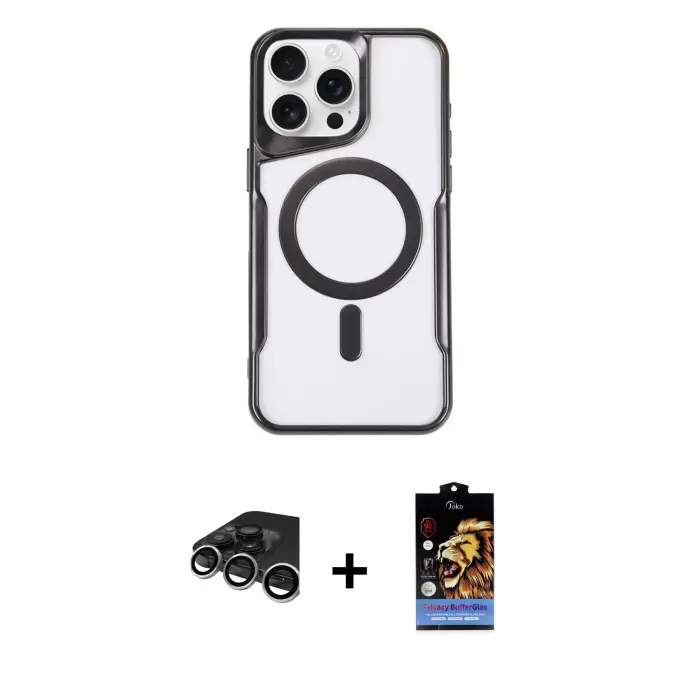 ieg™ iPhone 15 Pro Max Kılıf Yadigar Klasik Özel Seri - Siyah Buffer Hayalet Cam Ekran Koruyucu + Raze Metal Kamera Lens - GS
