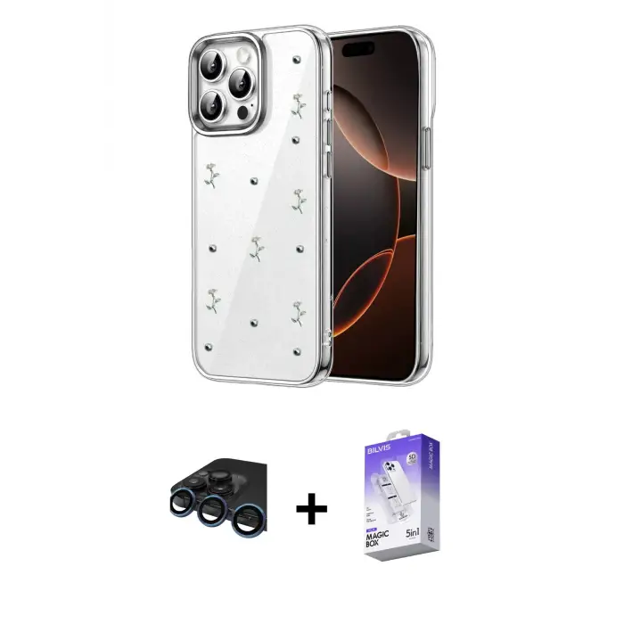 ieg™ iPhone 15 Pro Max Kılıf Yörünge Form - Siyah Bilvis 5in1 3D Magic Cam Ekran Koruyucu + Raze Metal Kamera Lens - LT