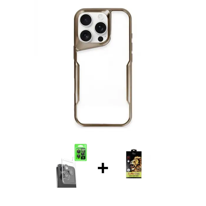 ieg™ iPhone 16 Pro Kılıf Akış Çizgi Koleksiyonu - Siyah Buffer Cam Ekran Koruyucu + Raze Metal Kamera Lens - SH