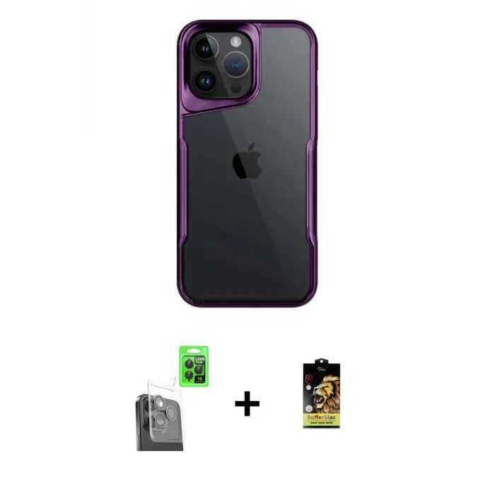 ieg™ iPhone 16 Pro Kılıf Akış Çizgi Koleksiyonu - Siyah Buffer Cam Ekran Koruyucu + Raze Metal Kamera Lens - SH