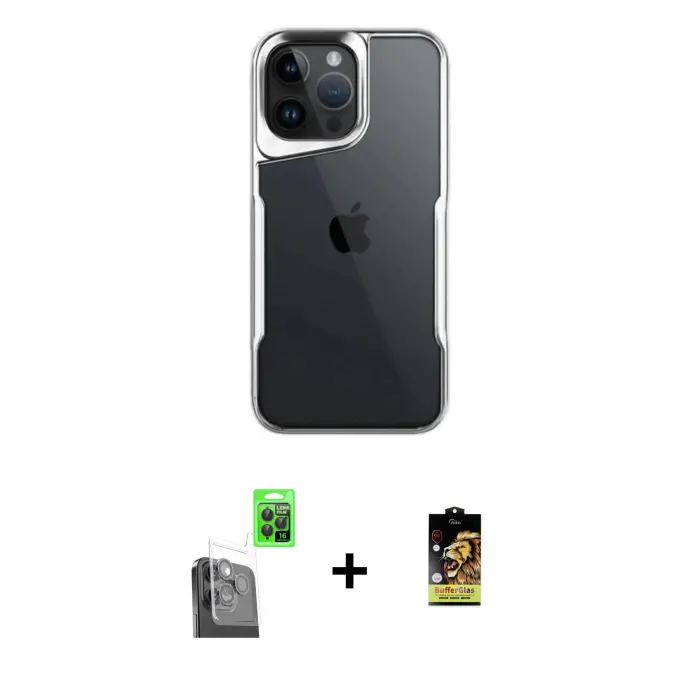 ieg™ iPhone 16 Pro Kılıf Akış Çizgi Koleksiyonu - Siyah Buffer Cam Ekran Koruyucu + Raze Metal Kamera Lens - SH