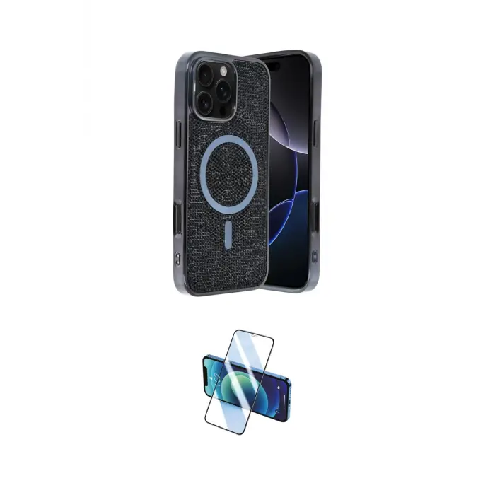 ieg™ iPhone 16 Pro Kılıf Eksen Çizgi - Siyah 3D Antistatik Cam Ekran Koruyucu