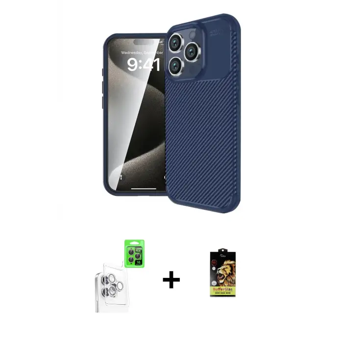 ieg™ iPhone 16 Pro Kılıf Eksen Form Prime - Siyah Buffer Cam Ekran Koruyucu + Raze Metal Kamera Lens - BZ